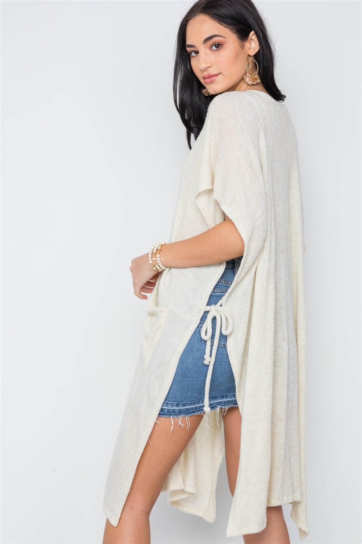 Cream Knit Side Tie Light Button Closure Cardigan /3-2