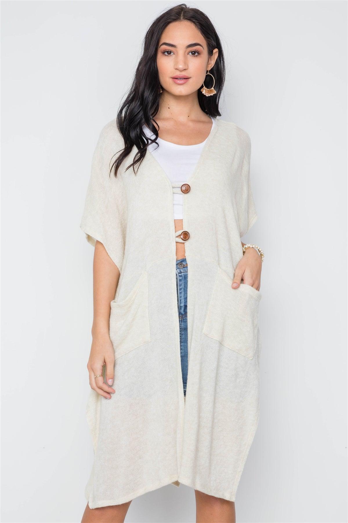 Cream Knit Side Tie Light Button Closure Cardigan /3-2