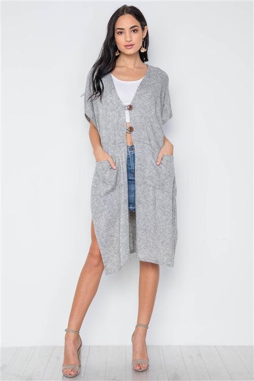 Grey Knit Side Tie Light Button Closure Cardigan /2-2