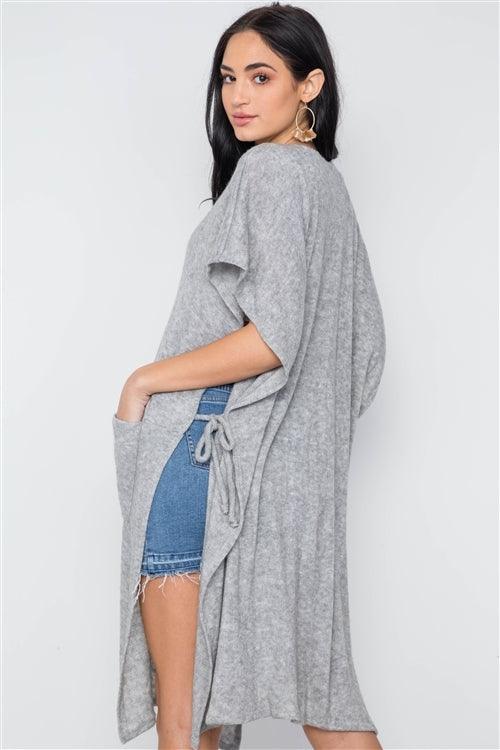 Grey Knit Side Tie Light Button Closure Cardigan /2-2