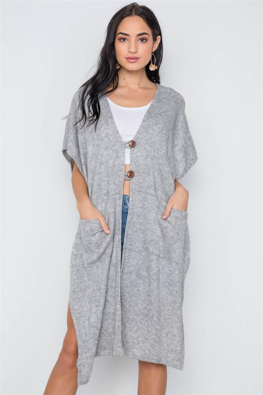 Grey Knit Side Tie Light Button Closure Cardigan /3-3