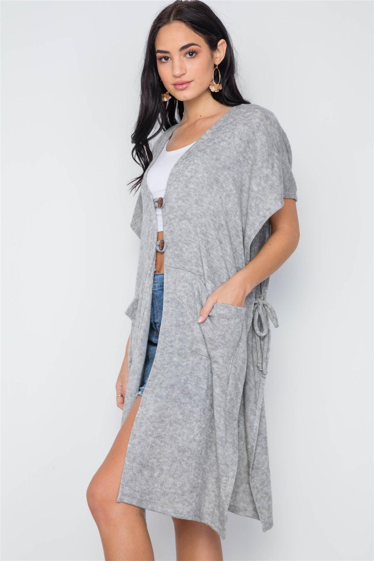 Grey Knit Side Tie Light Button Closure Cardigan /3-3