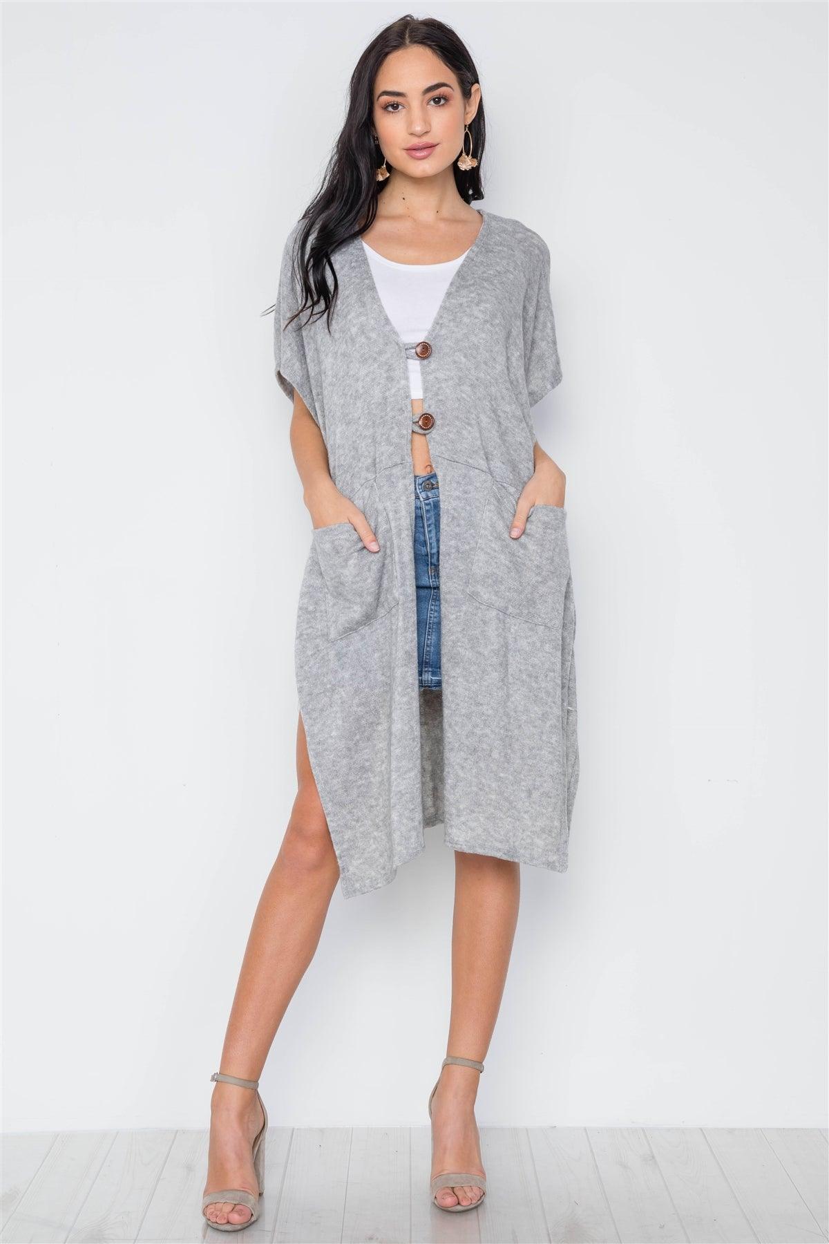 Grey Knit Side Tie Light Button Closure Cardigan /3-3