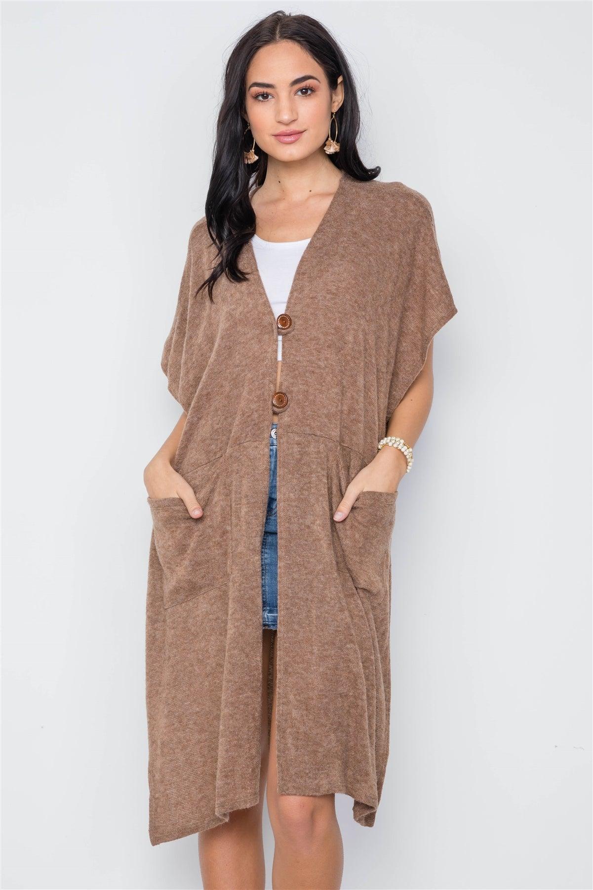 Mocha Knit Side Tie Light Button Closure Cardigan /3-3