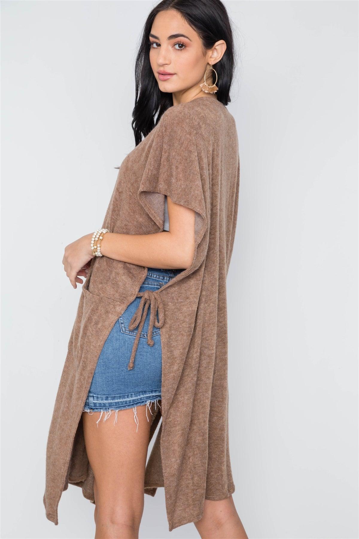 Mocha Knit Side Tie Light Button Closure Cardigan /3-3