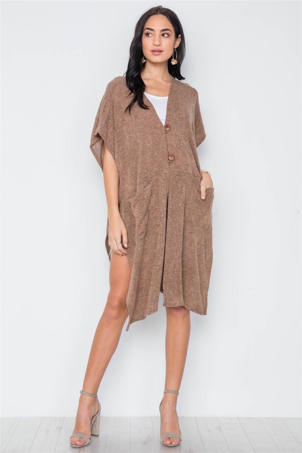 Mocha Knit Side Tie Light Button Closure Cardigan /3-3