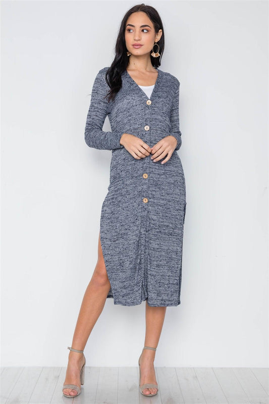 Navy Knit Light Long Sleeve Button Down Midi Cardigan /3-1