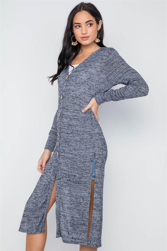 Navy Knit Light Long Sleeve Button Down Midi Cardigan /3-2-1