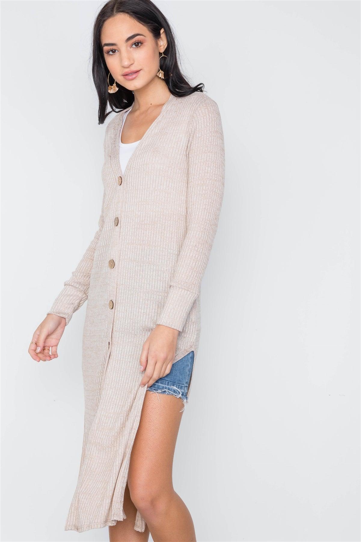 Taupe Knit Light Long Sleeve Button Down Midi Cardigan /3-2