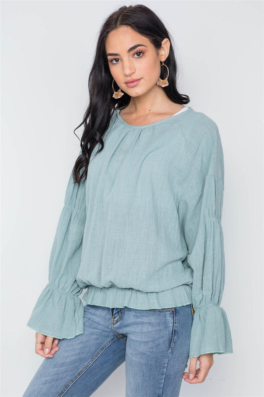 Mint Long Sleeve Ruffle Sleeves Solid Boho Top /3-2-1