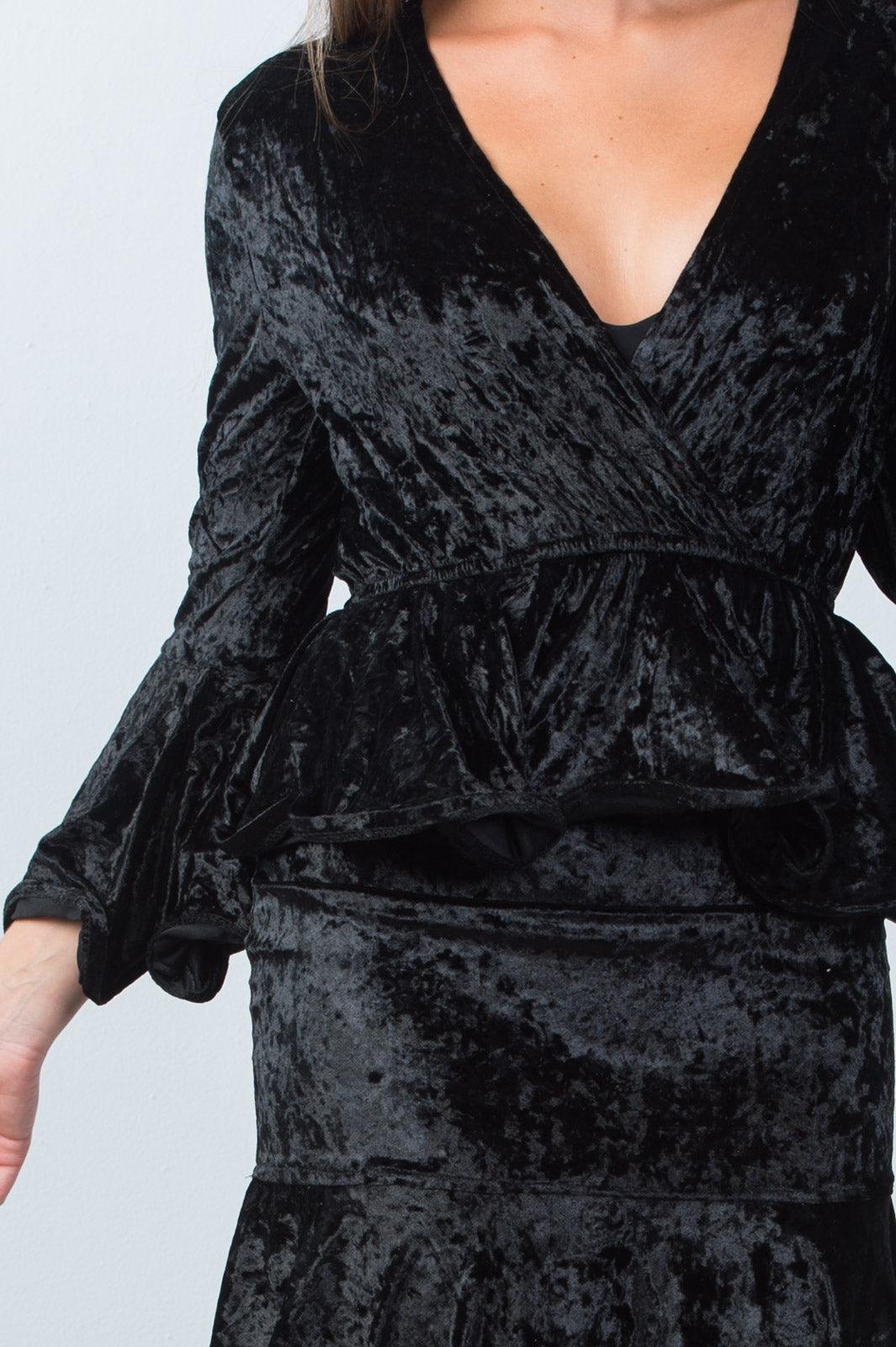 Black Velvet Plunge CrossOver Top With Midi Skirt Set /2-2