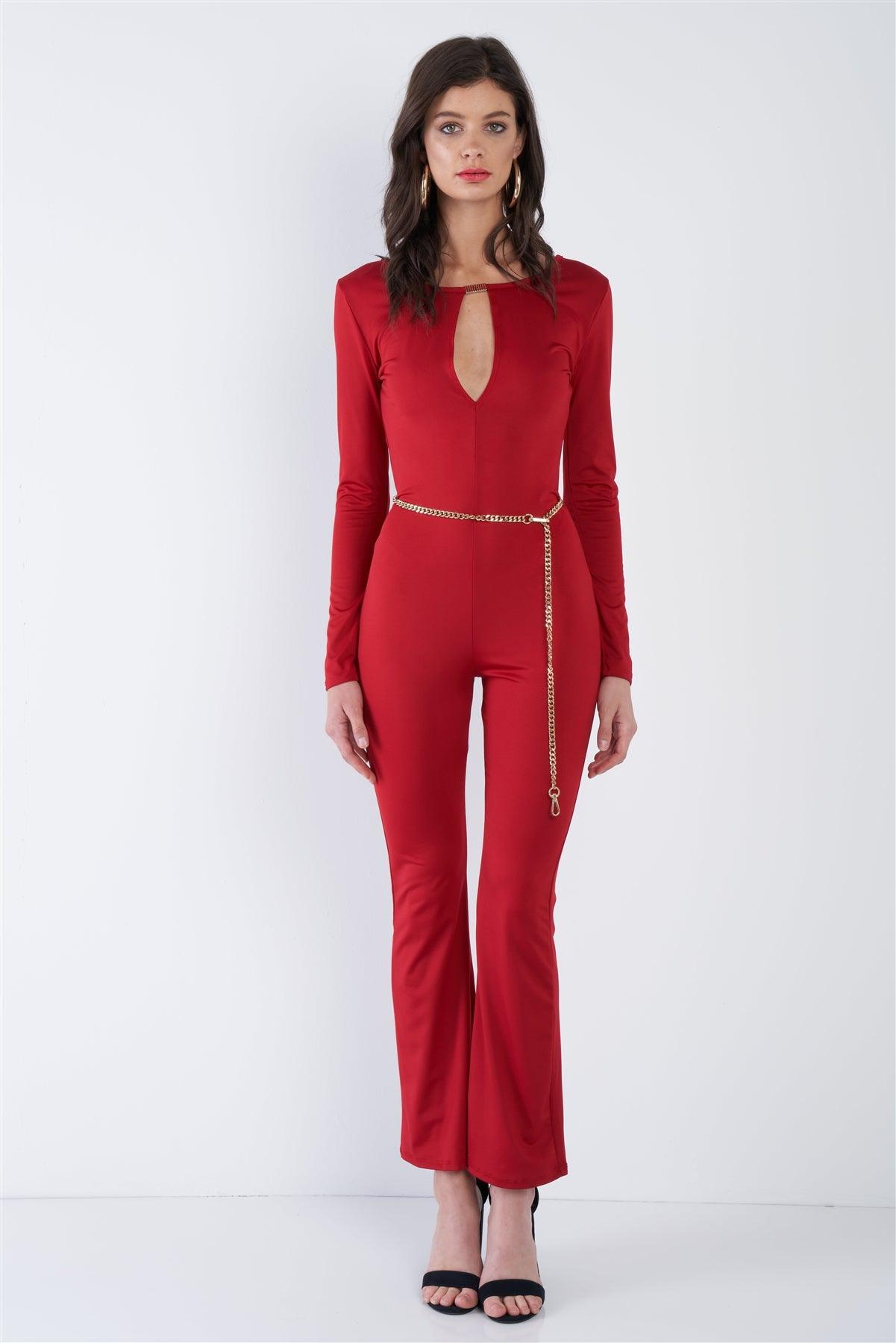 Red V-Neck Back Gold Hardware Keyhole Front Wide Leg Jumpsuit  /2-2-2