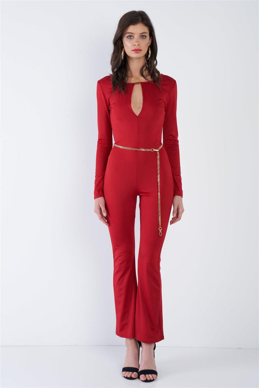 Red V-Neck Back Gold Hardware Keyhole Front Wide Leg Jumpsuit  /2-2-2