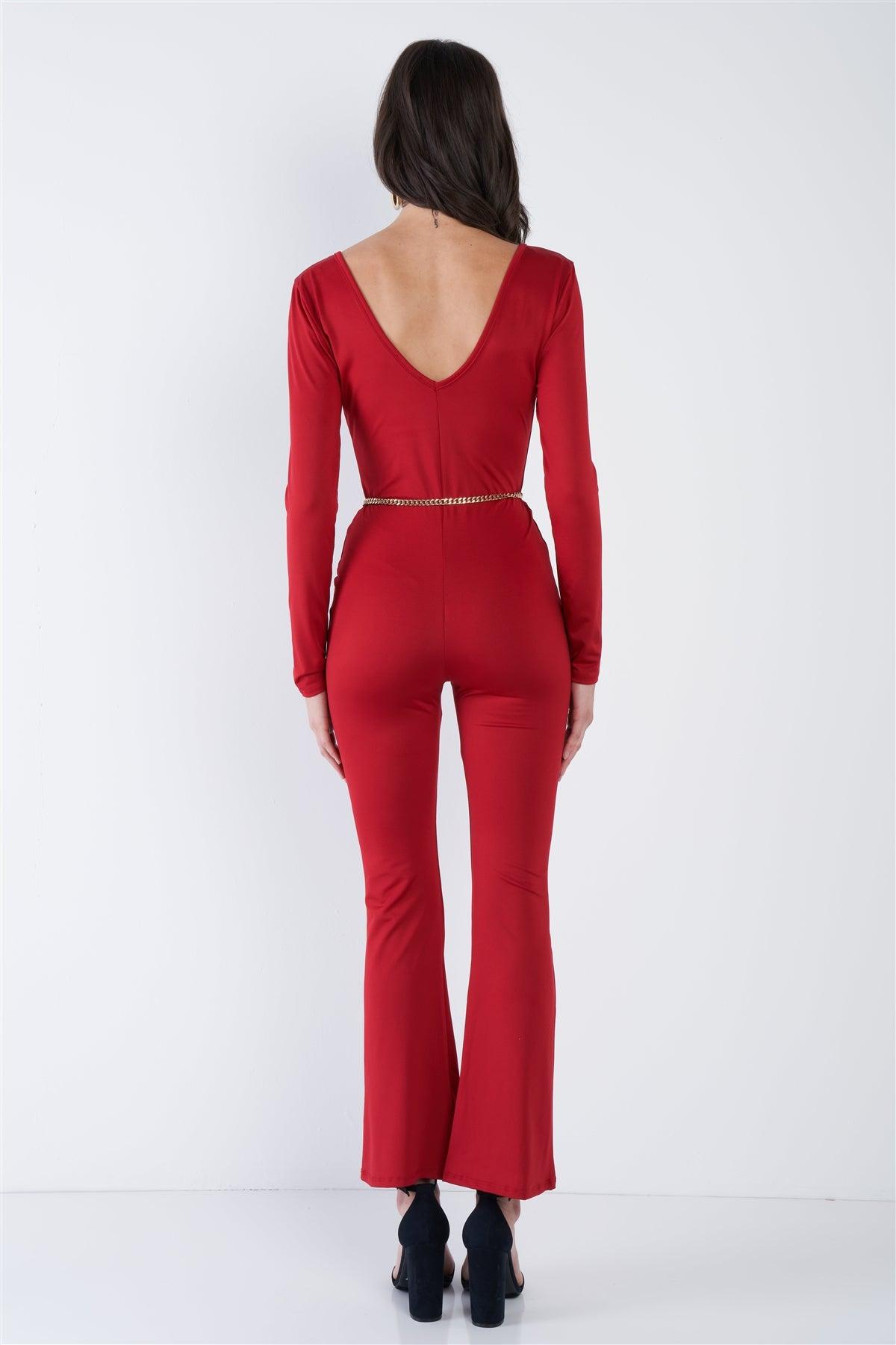 Red V-Neck Back Gold Hardware Keyhole Front Wide Leg Jumpsuit  /2-2-2