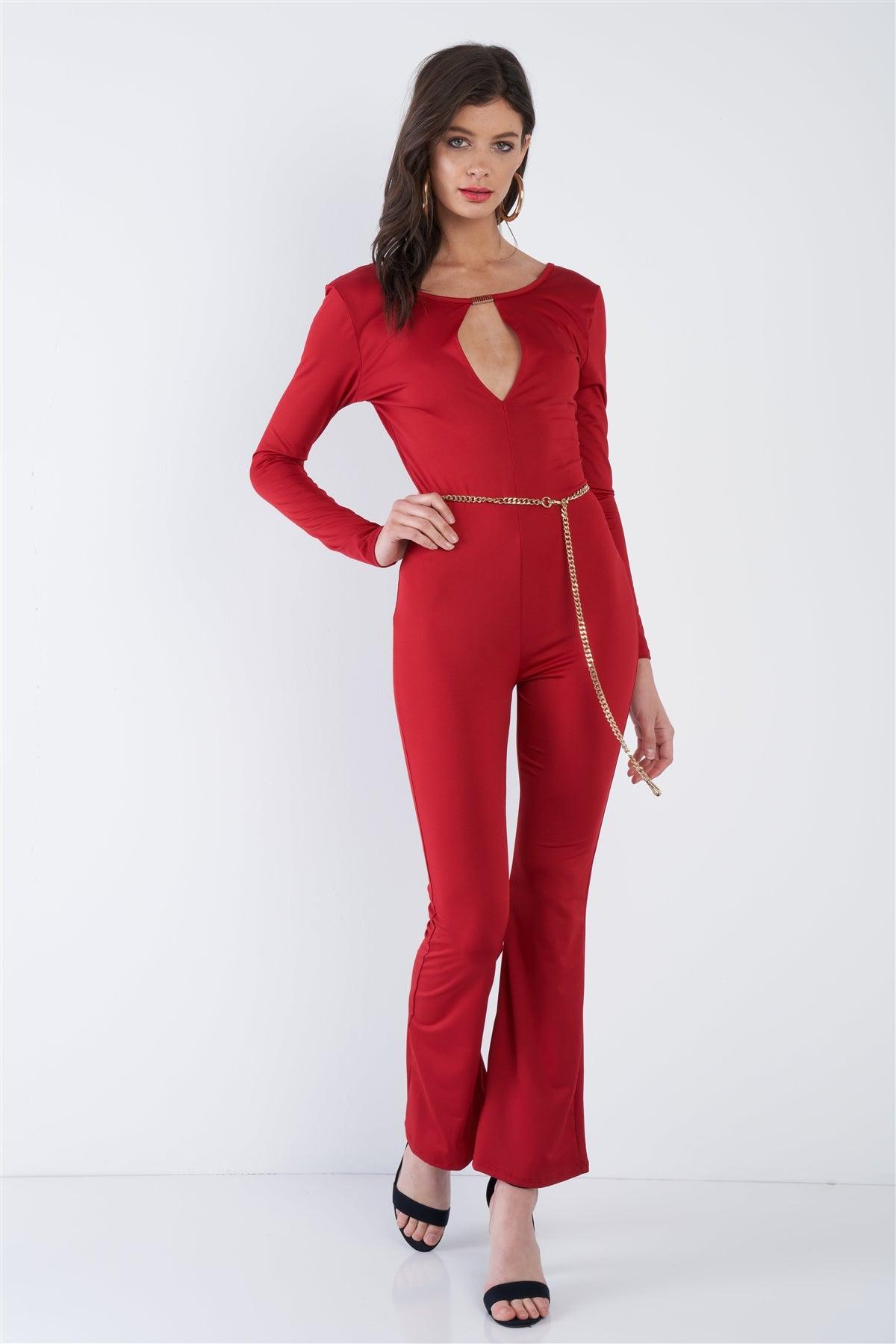 Red V-Neck Back Gold Hardware Keyhole Front Wide Leg Jumpsuit  /2-2-2