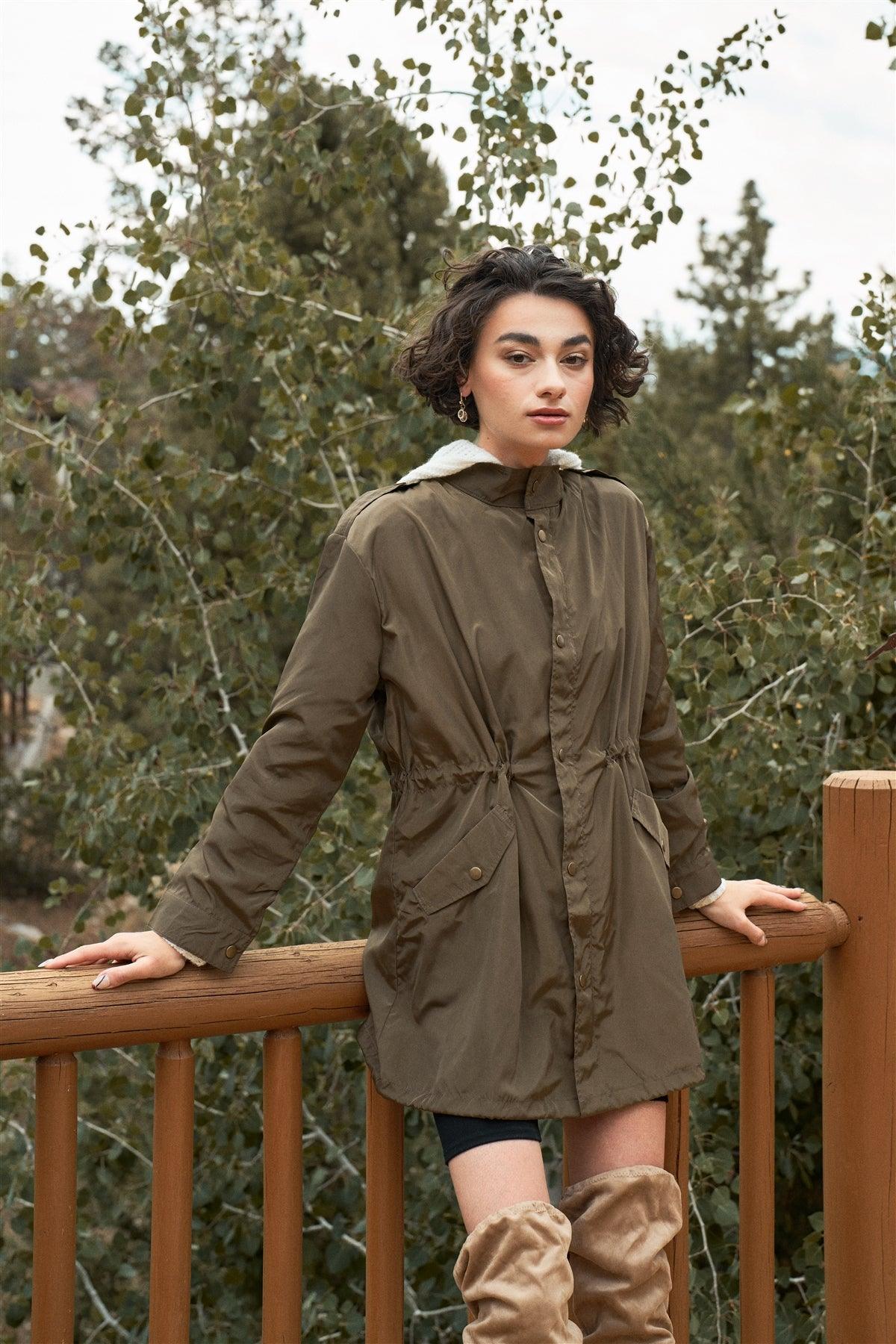 Olive Glossy Drawstring Hem Button-Down Coach Jacket