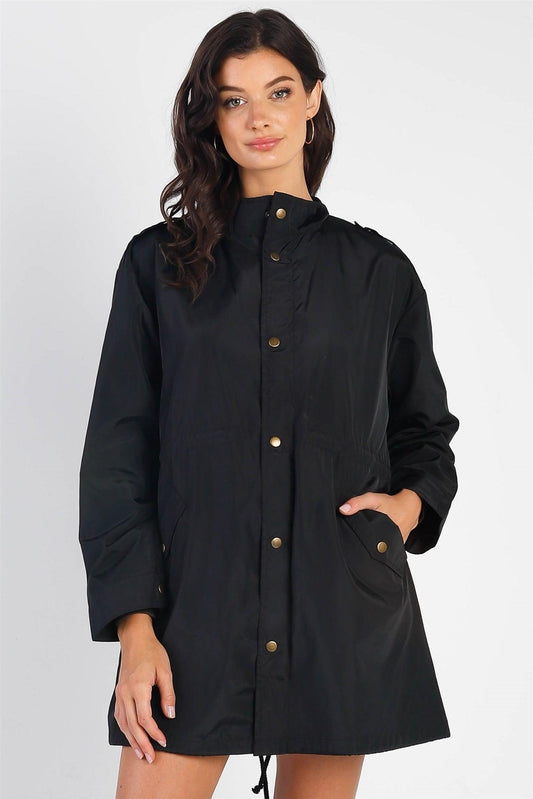 Black Glossy Drawstring Trim Button-Down Coach Rain Coat Jacket /2-2-2