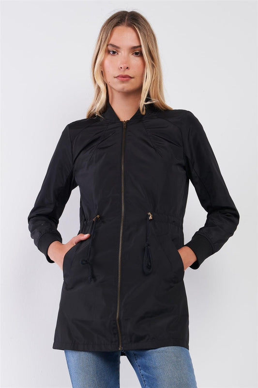 Black Drawstring Trim Zip-Up Fitted Coach Rain Jacket /2-2-2