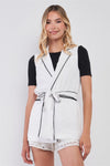 White & Black Sleeveless V-Neck Wrap Front Tie Belt Two Side Pockets Vest /1-2-2-1