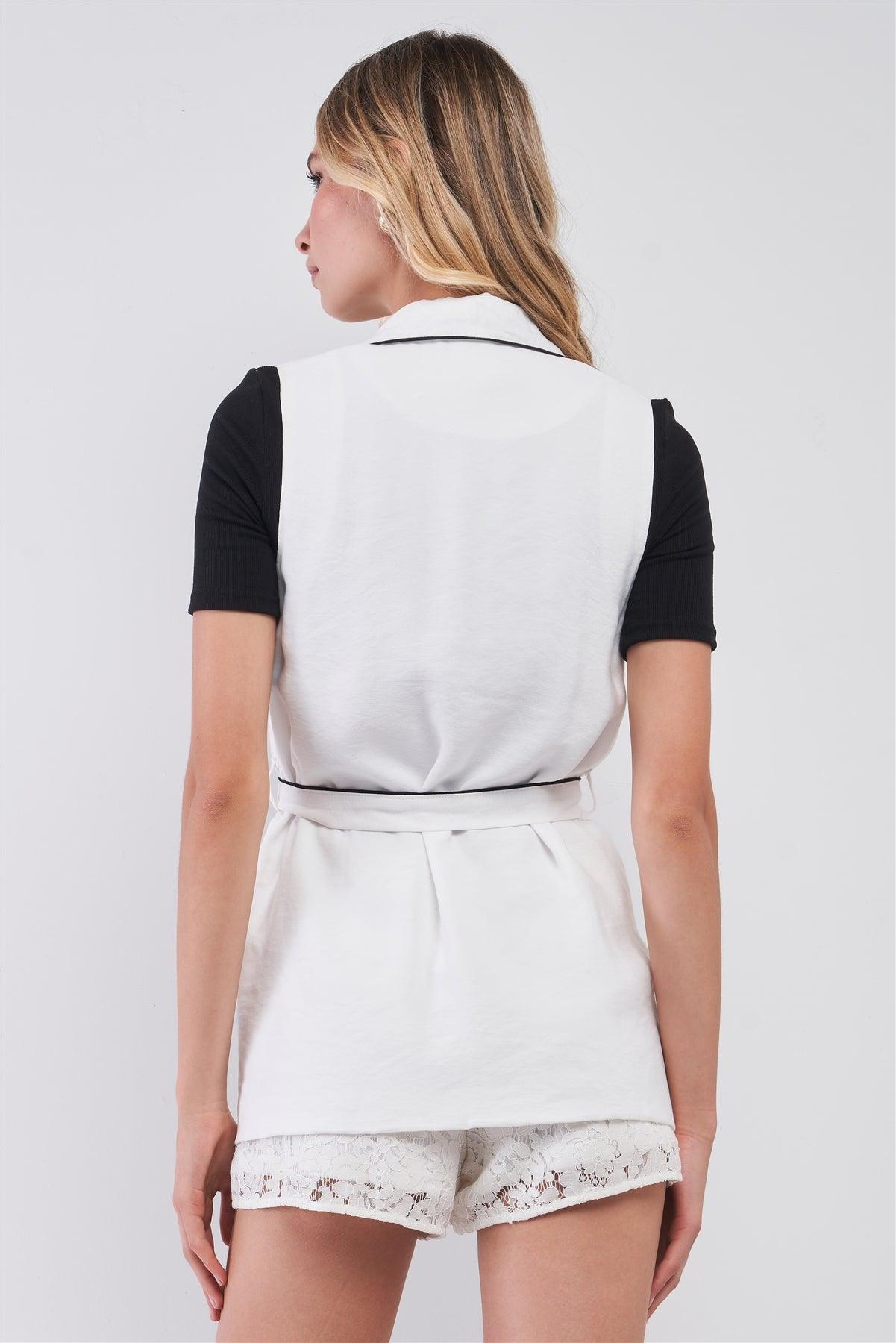 White & Black Sleeveless V-Neck Wrap Front Tie Belt Two Side Pockets Vest /1-2-2-1