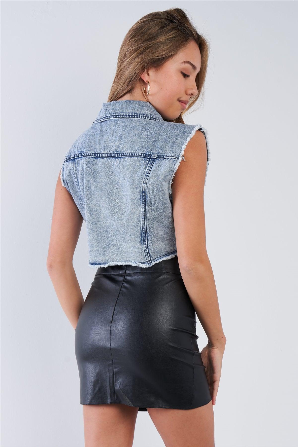 Denim Collared Double Breasted Sleeveless Acid Washed Denim Vest Top /3-2-1