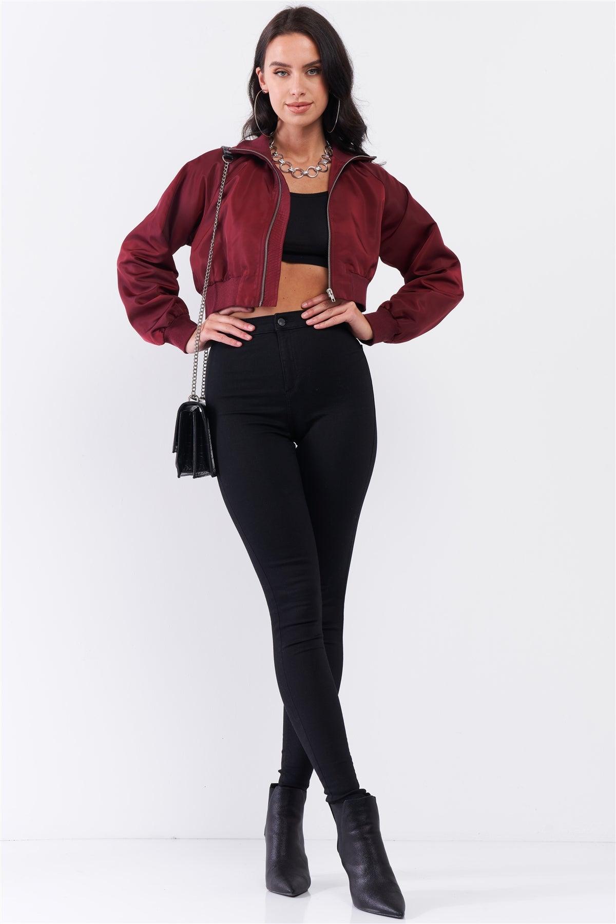 Wine Cropped Raglan Balloon Sleeve Rib Knit Cuff Bomber Jacket /2-2-1