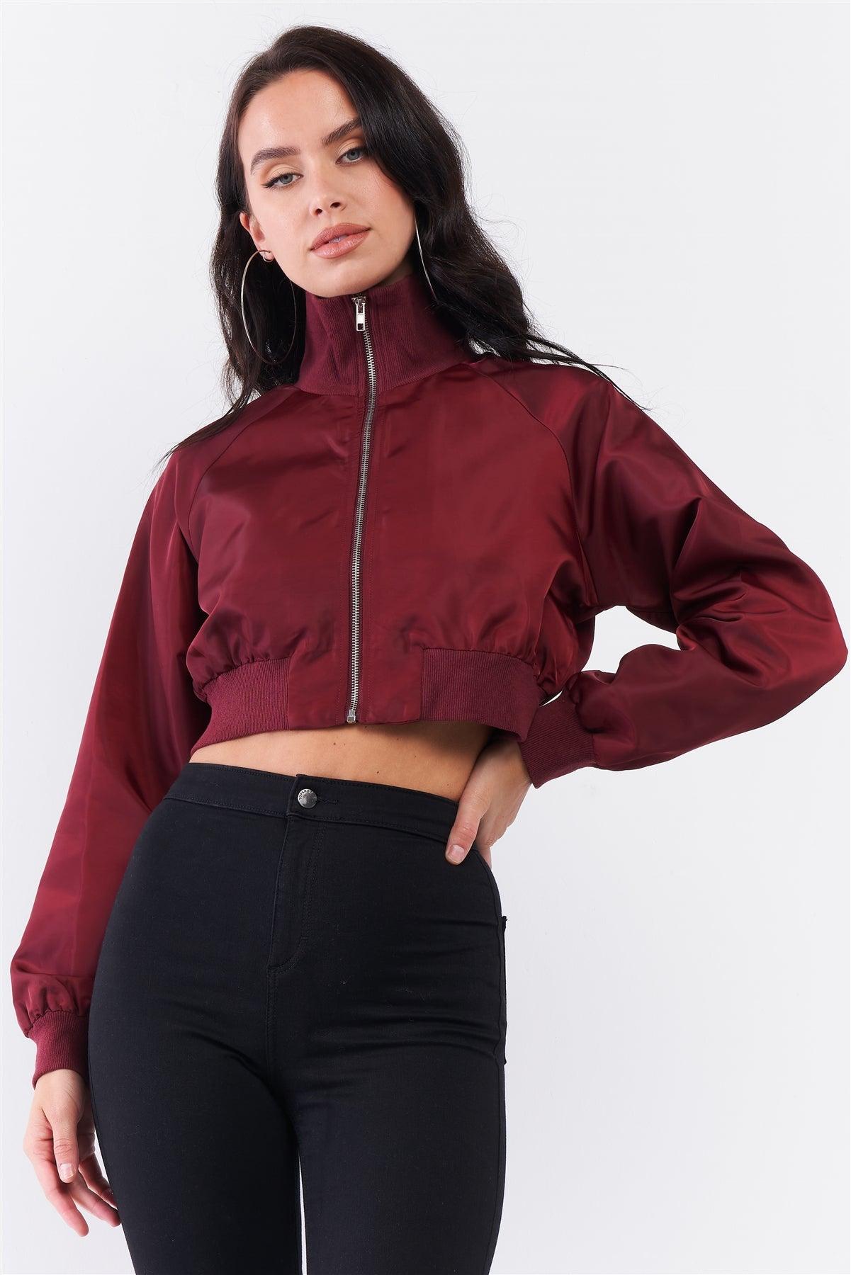 Wine Cropped Raglan Balloon Sleeve Rib Knit Cuff Bomber Jacket /2-2-1