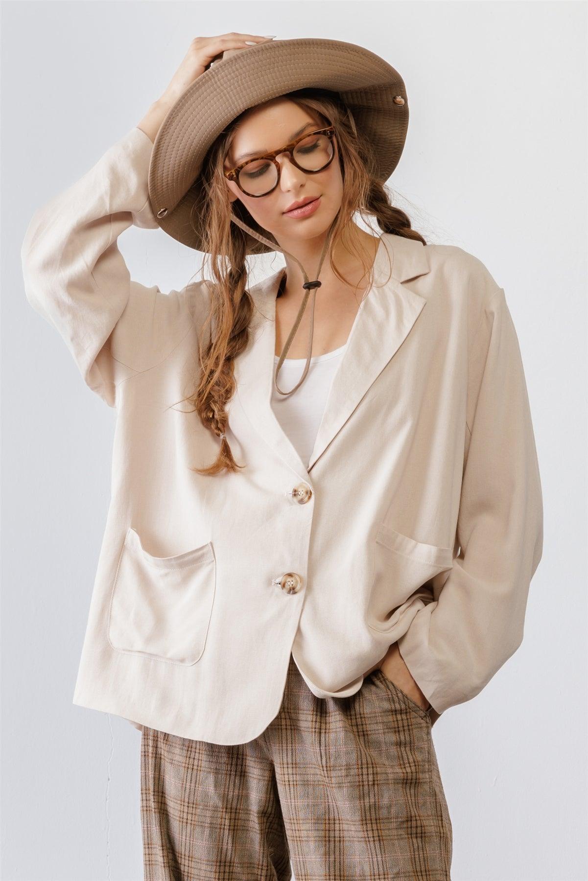 Light Taupe Botton-Up Collared Neck Long Sleeve Blazer /2-2-2