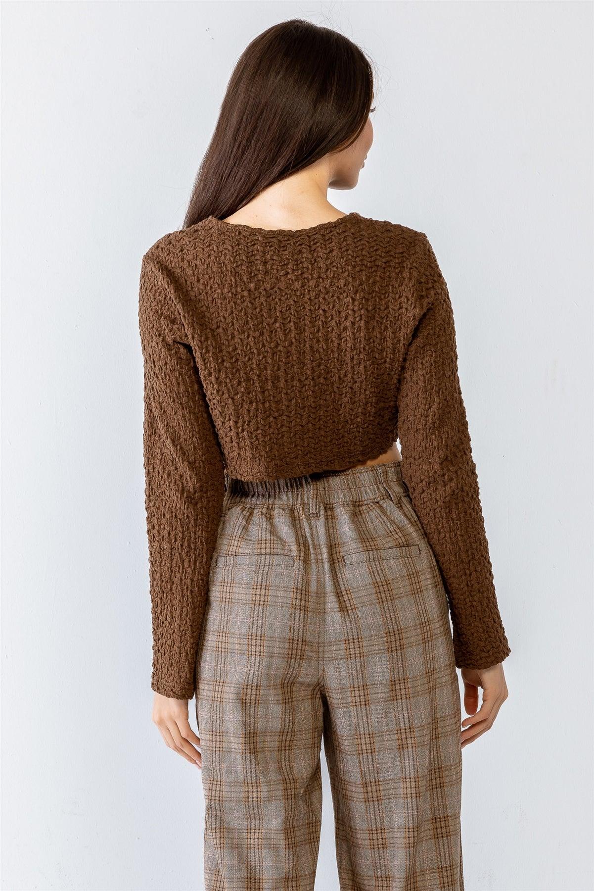 Brown Crumpled Button-Up Long Sleeve Crew Neck Crop Top /1-2-2-1