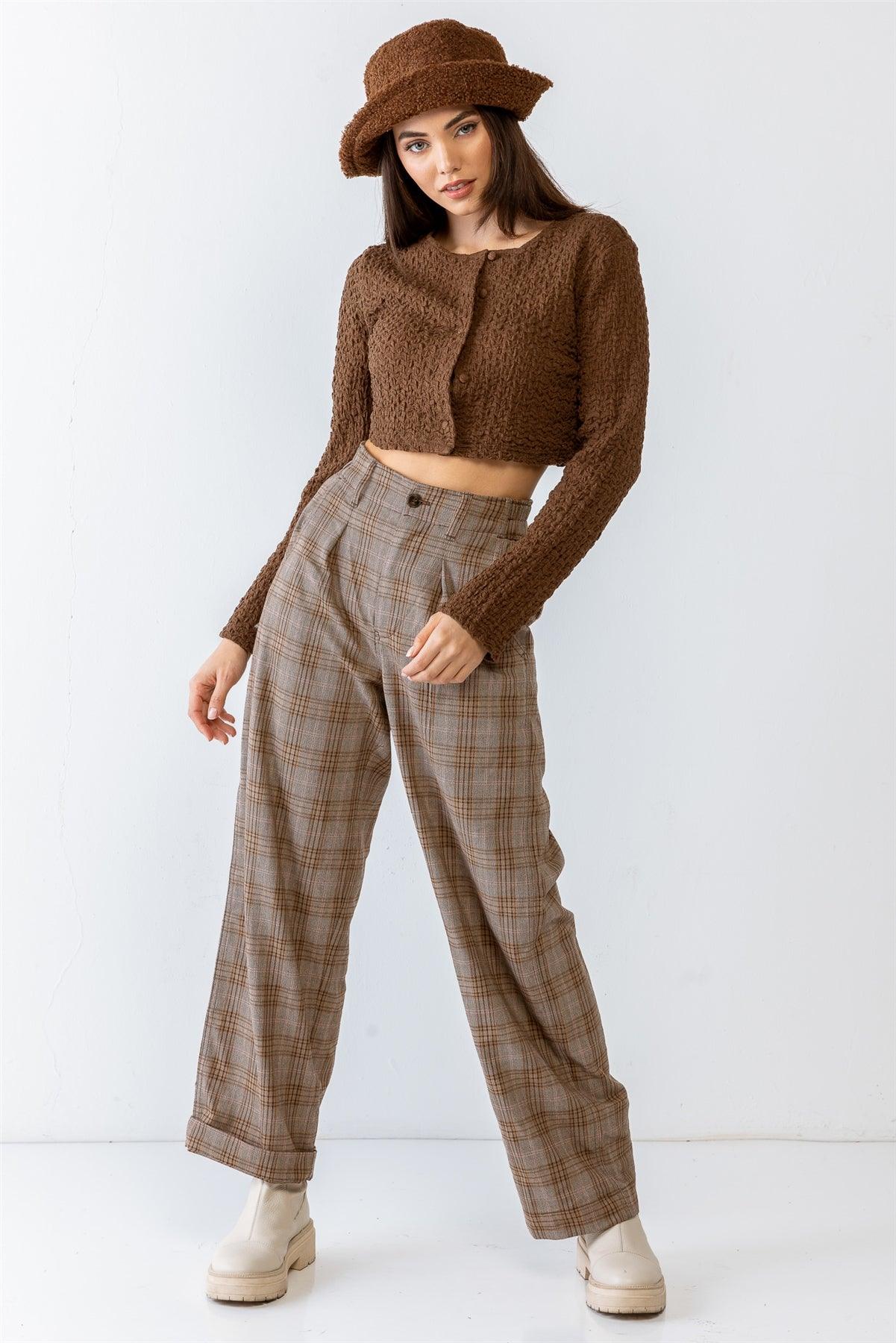 Brown Crumpled Button-Up Long Sleeve Crew Neck Crop Top /1-2-2-1