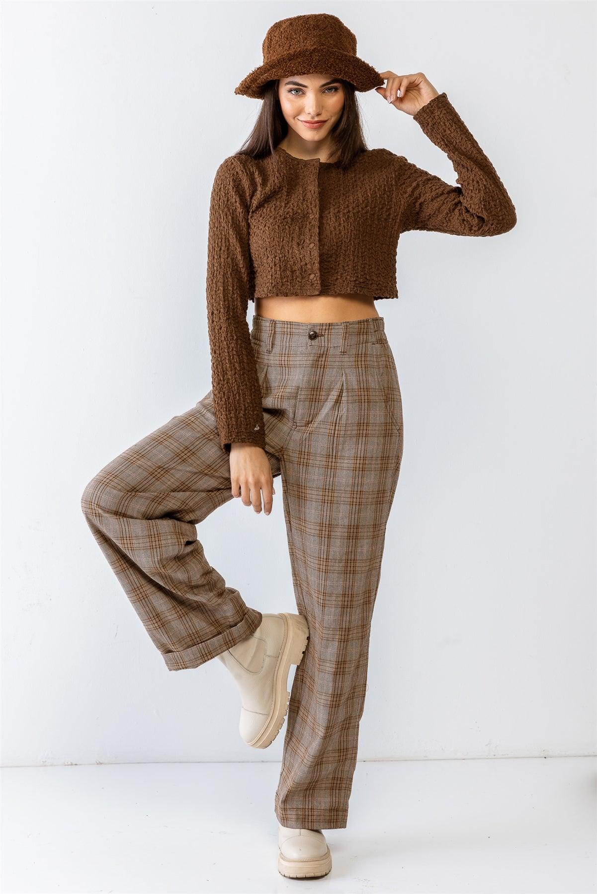 Brown Crumpled Button-Up Long Sleeve Crew Neck Crop Top /1-2-2-1