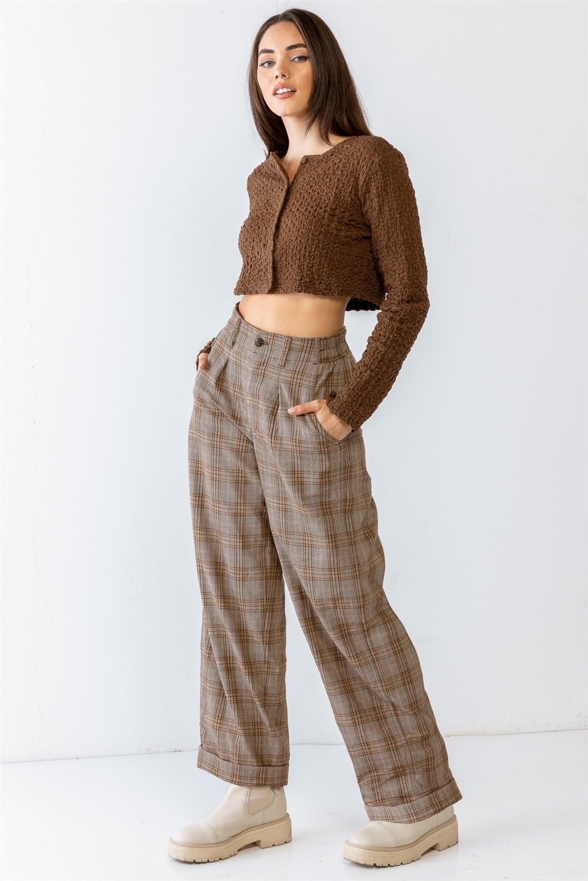 Brown Crumpled Button-Up Long Sleeve Crew Neck Crop Top /1-2-2-1