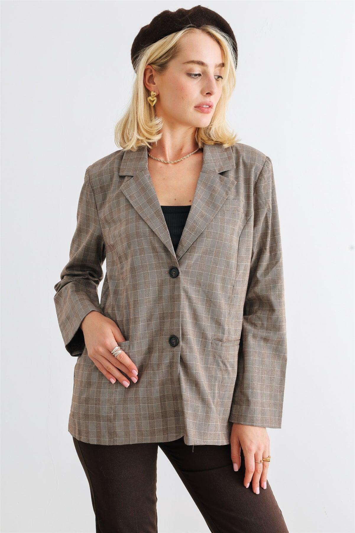 Brown Plaid Long Sleeve Button-Up Two Pocket Blazer /1-2-2-1