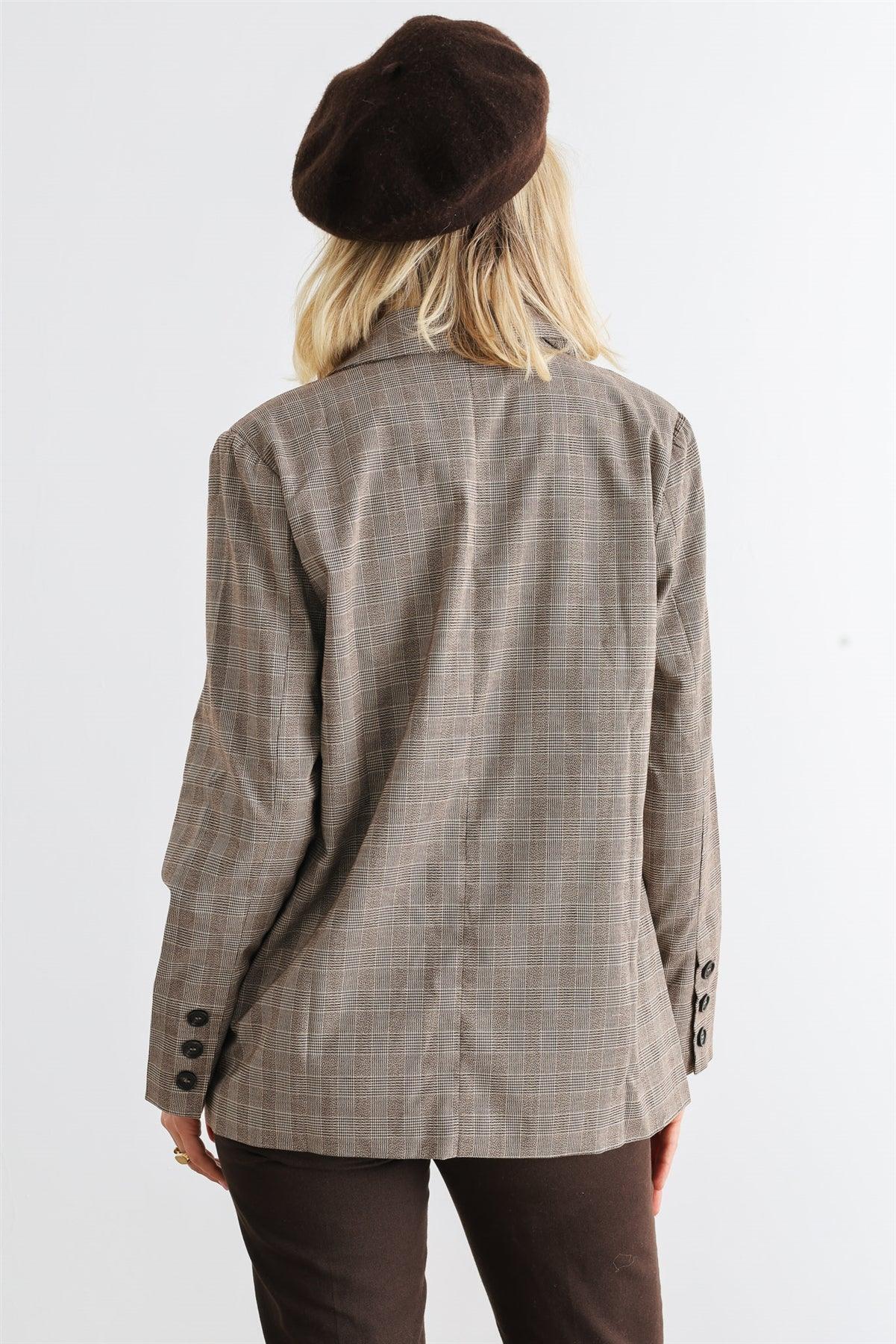 Brown Plaid Long Sleeve Button-Up Two Pocket Blazer /1-2-2-1