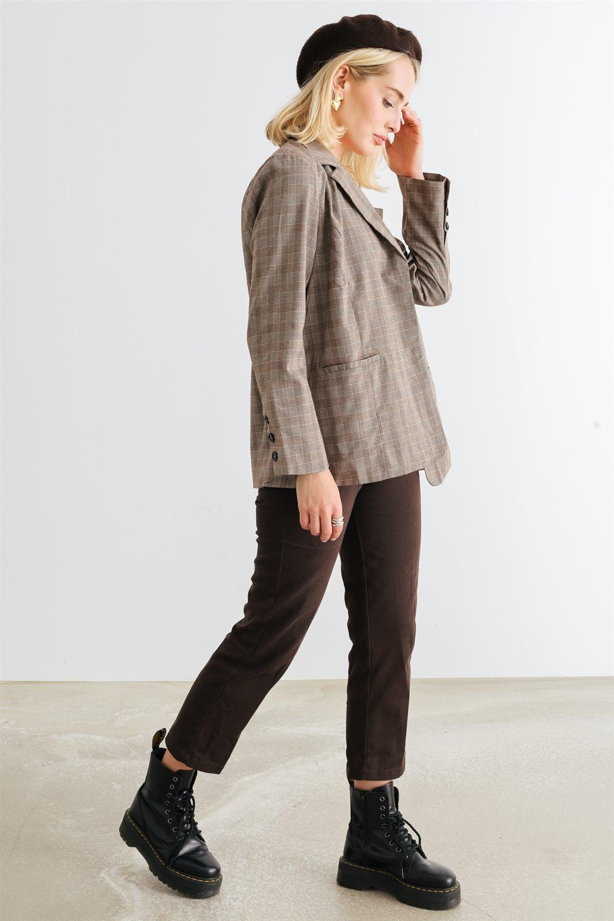 Brown Plaid Long Sleeve Button-Up Two Pocket Blazer /1-2-2-1