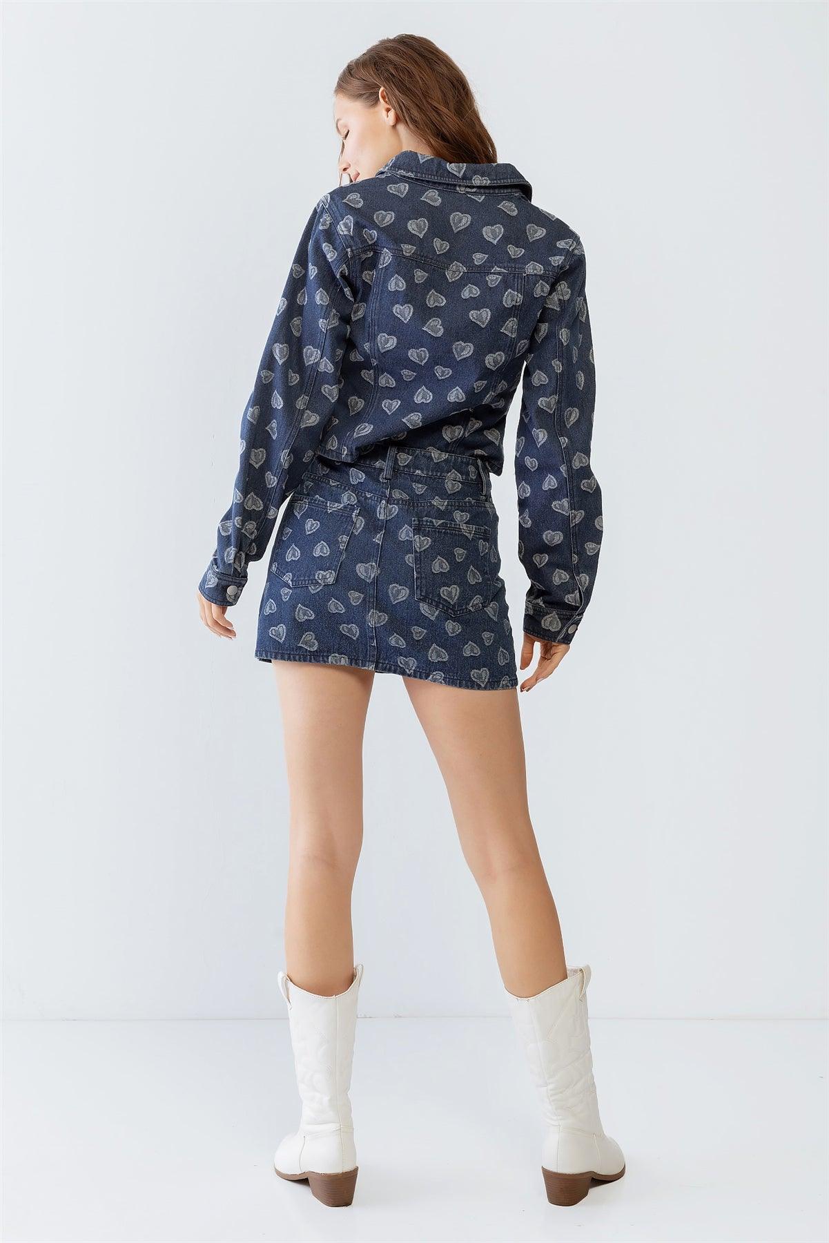 Indigo Heart Print Denim Collared Button-Up Crop Top & High Waist Mini Skirt Set /1-2-2-1