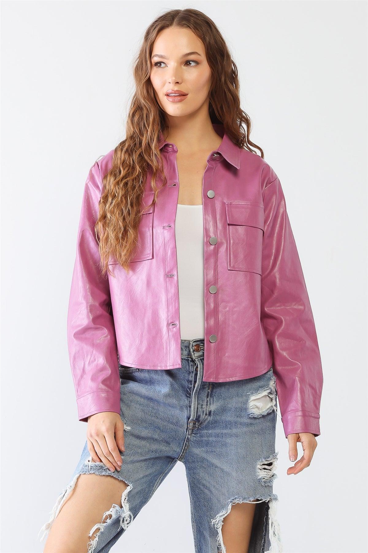 Pink Faux Leather Button Two Pocket Collared Neck Long Sleeve Jacket /1-3-2