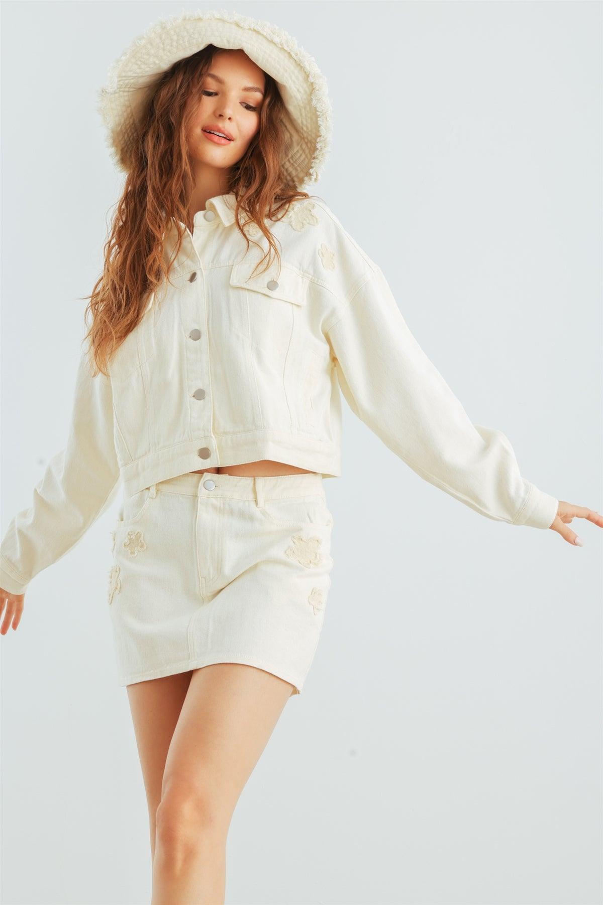 Cream Denim Cotton Collared Neck Button-Up Jacket & High Waist Mini Skirt Set /1-2-1-1