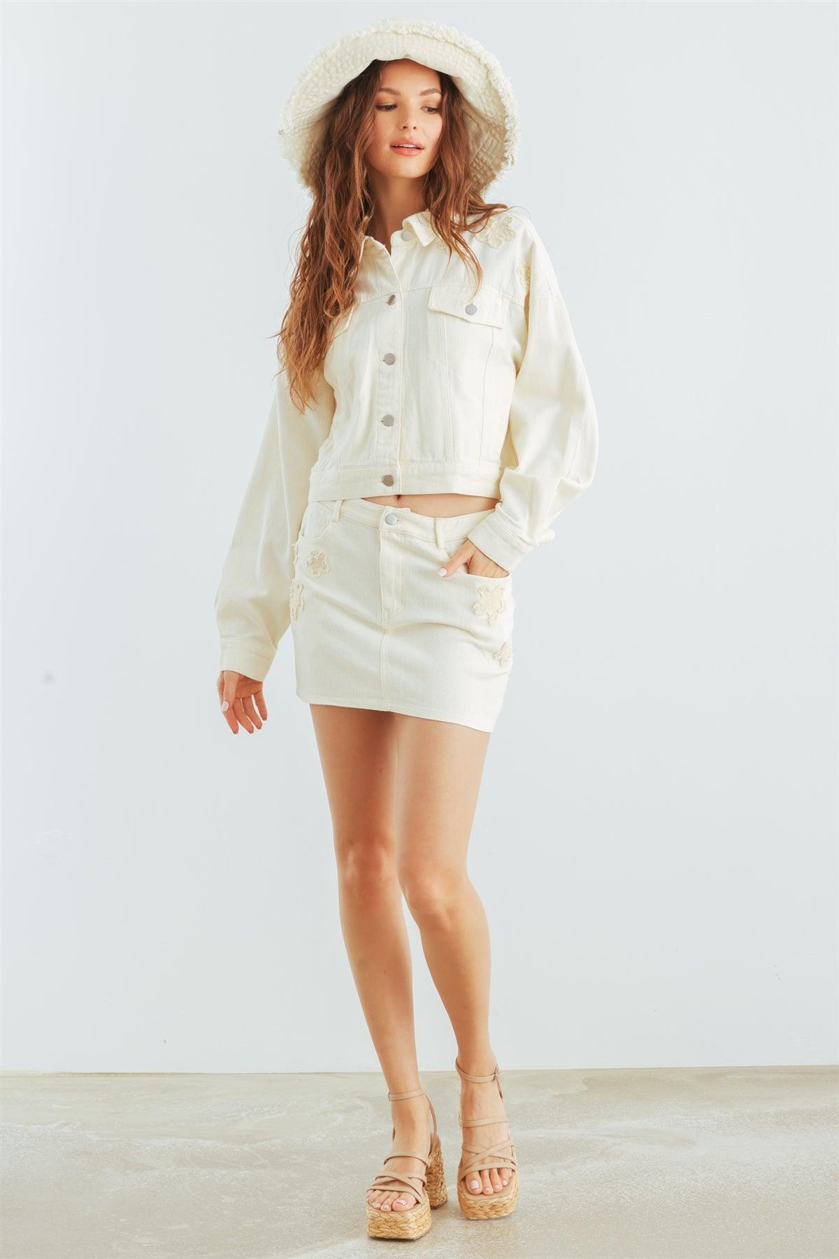 Cream Denim Cotton Collared Neck Button-Up Jacket & High Waist Mini Skirt Set /1-2-1-1