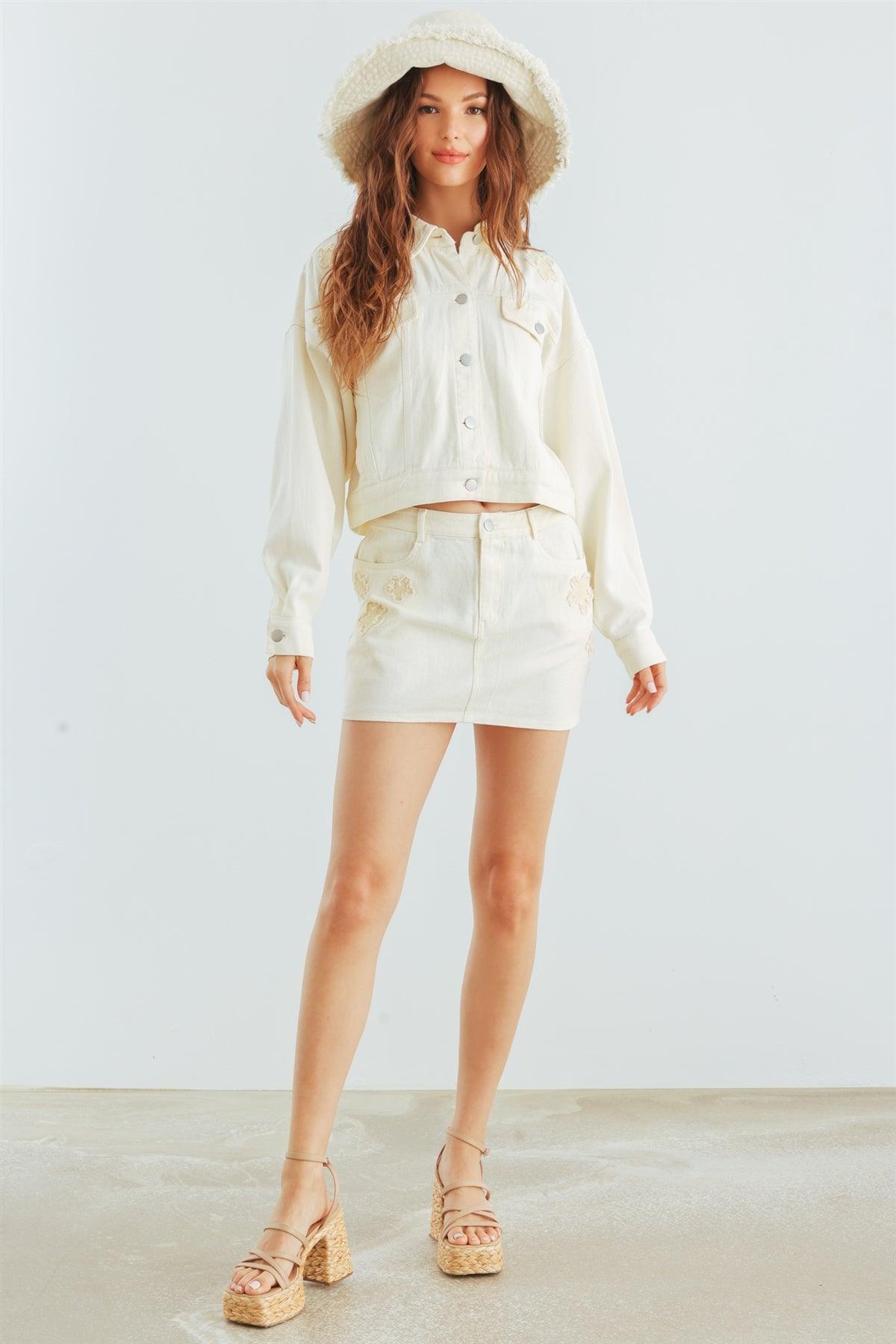 Cream Denim Cotton Collared Neck Button-Up Jacket & High Waist Mini Skirt Set /1-2-1-1