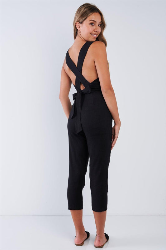 Sleeveless Black Linen Criss Cross Open Back V-Neck Tapered Pant Wrap Waist Jumper /3-2-1