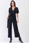 Jet Black Solid V-Neck Angel Sleeve Self-Tie Waist Detail Wide Leg Jumpsuit /3-2-1