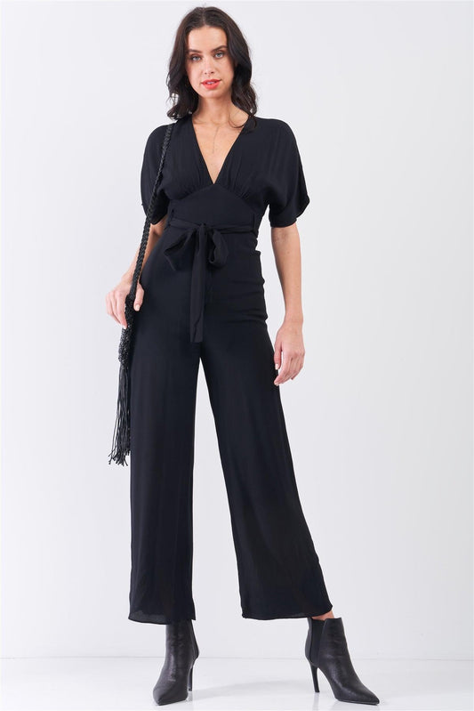 Jet Black Solid V-Neck Angel Sleeve Self-Tie Waist Detail Wide Leg Jumpsuit /3-2-1