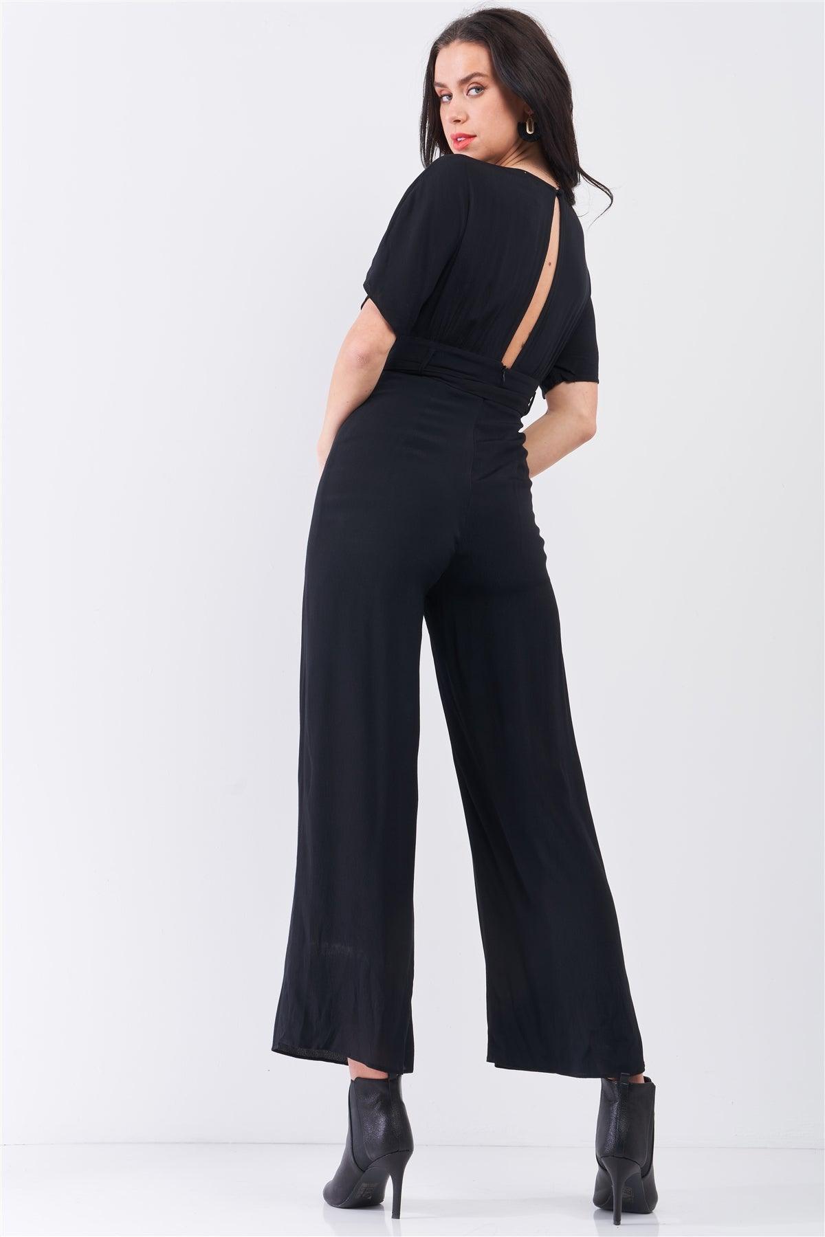 Jet Black Solid V-Neck Angel Sleeve Self-Tie Waist Detail Wide Leg Jumpsuit /3-2-1