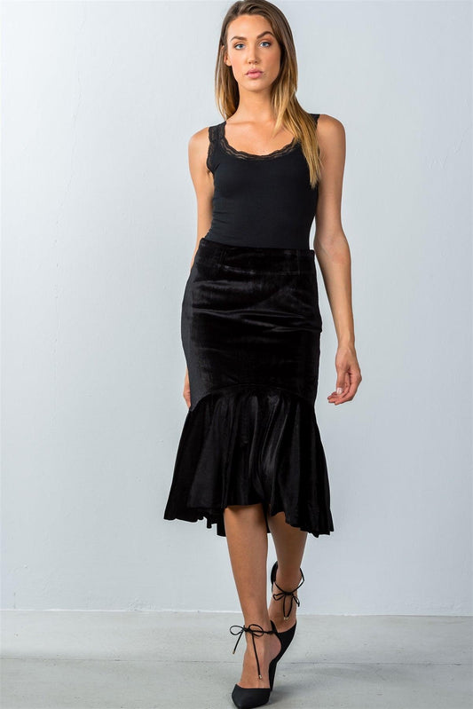 Silky Black Asymmetric Ruffle Hem Skirt /3-1-2