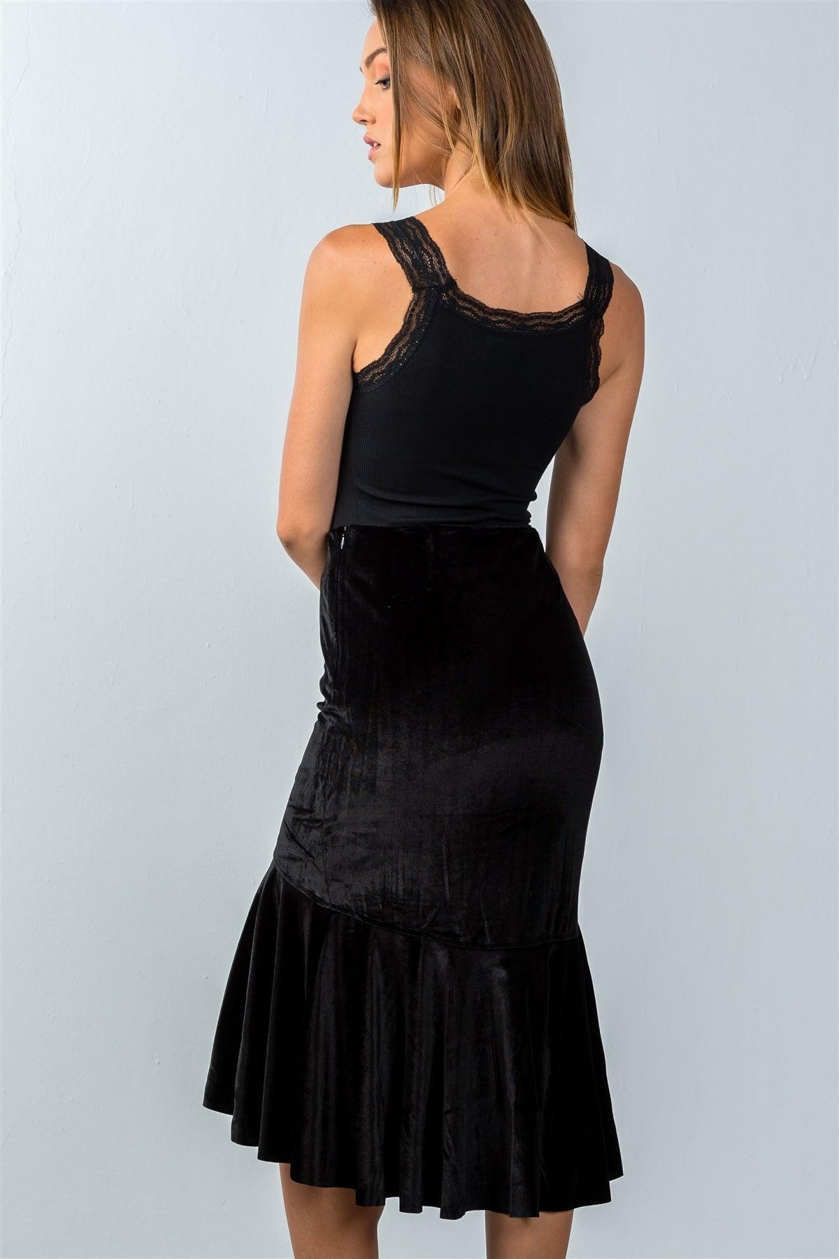 Silky Black Asymmetric Ruffle Hem Skirt /3-1-2