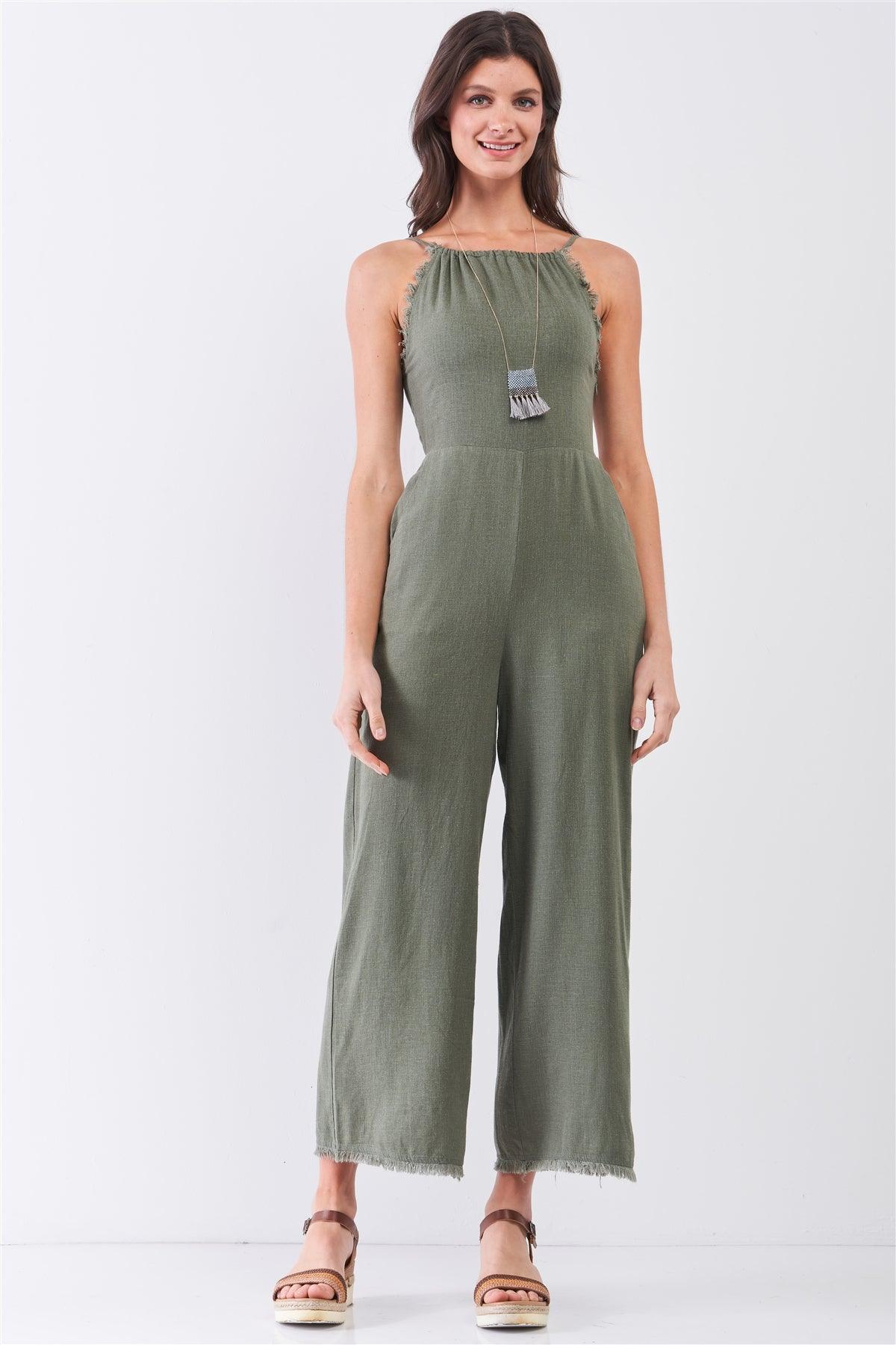 Moss Green Linen Sleeveless Raw Hem Detail Straight Leg Jumpsuit /3-2-1