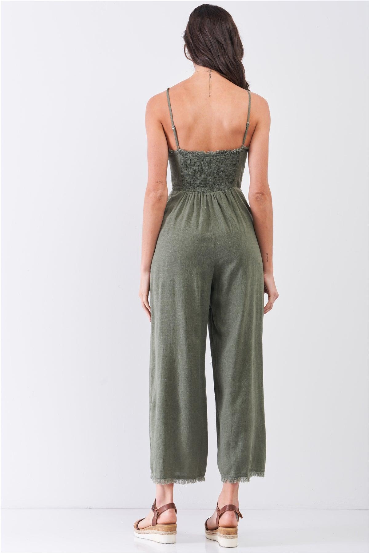 Moss Green Linen Sleeveless Raw Hem Detail Straight Leg Jumpsuit /3-2-1