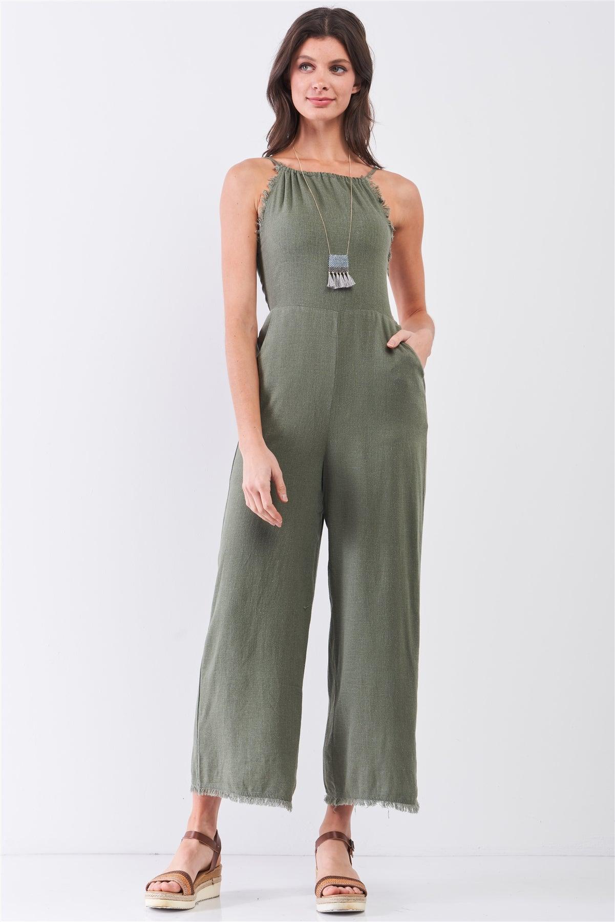 Moss Green Linen Sleeveless Raw Hem Detail Straight Leg Jumpsuit /3-2-1