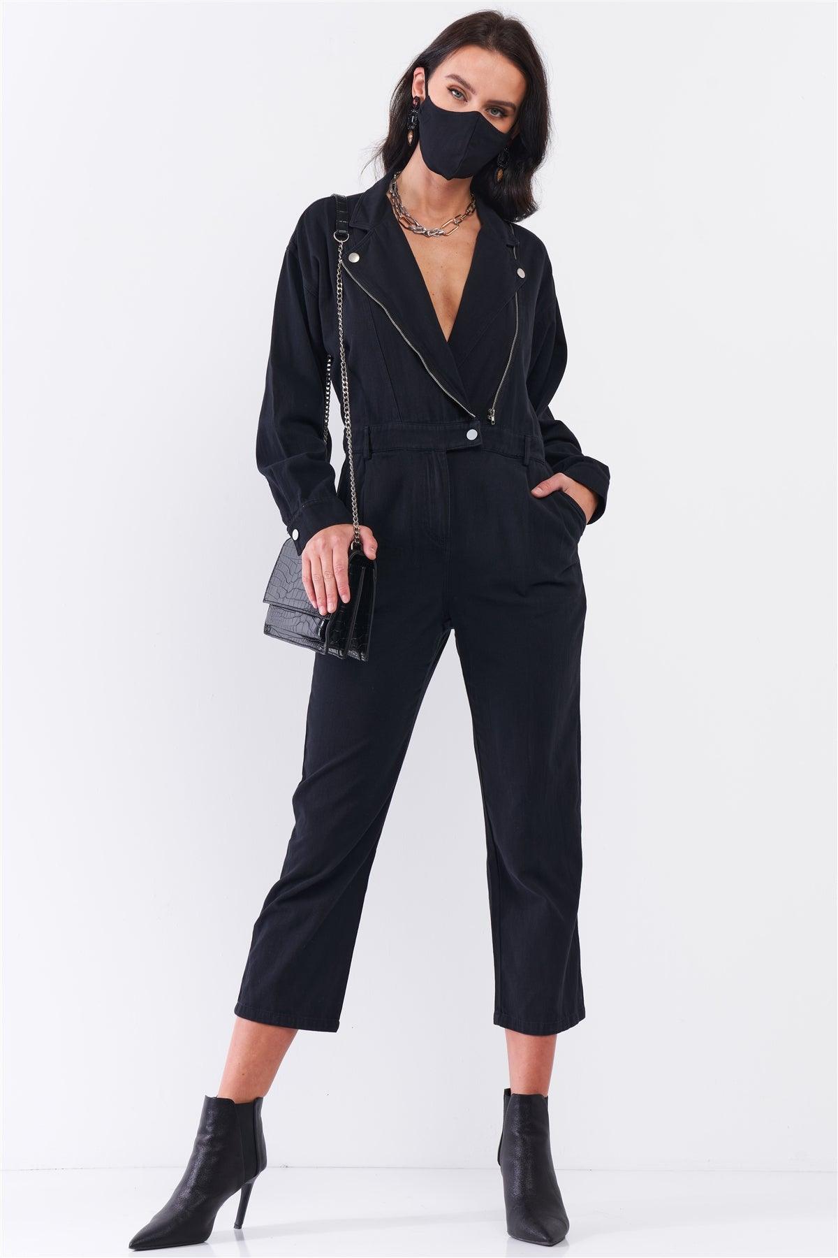 Washed Black Denim Oblique Zip-Up Front Detail Utility Jumpsuit + Black Cloth Mask! /2-2-1